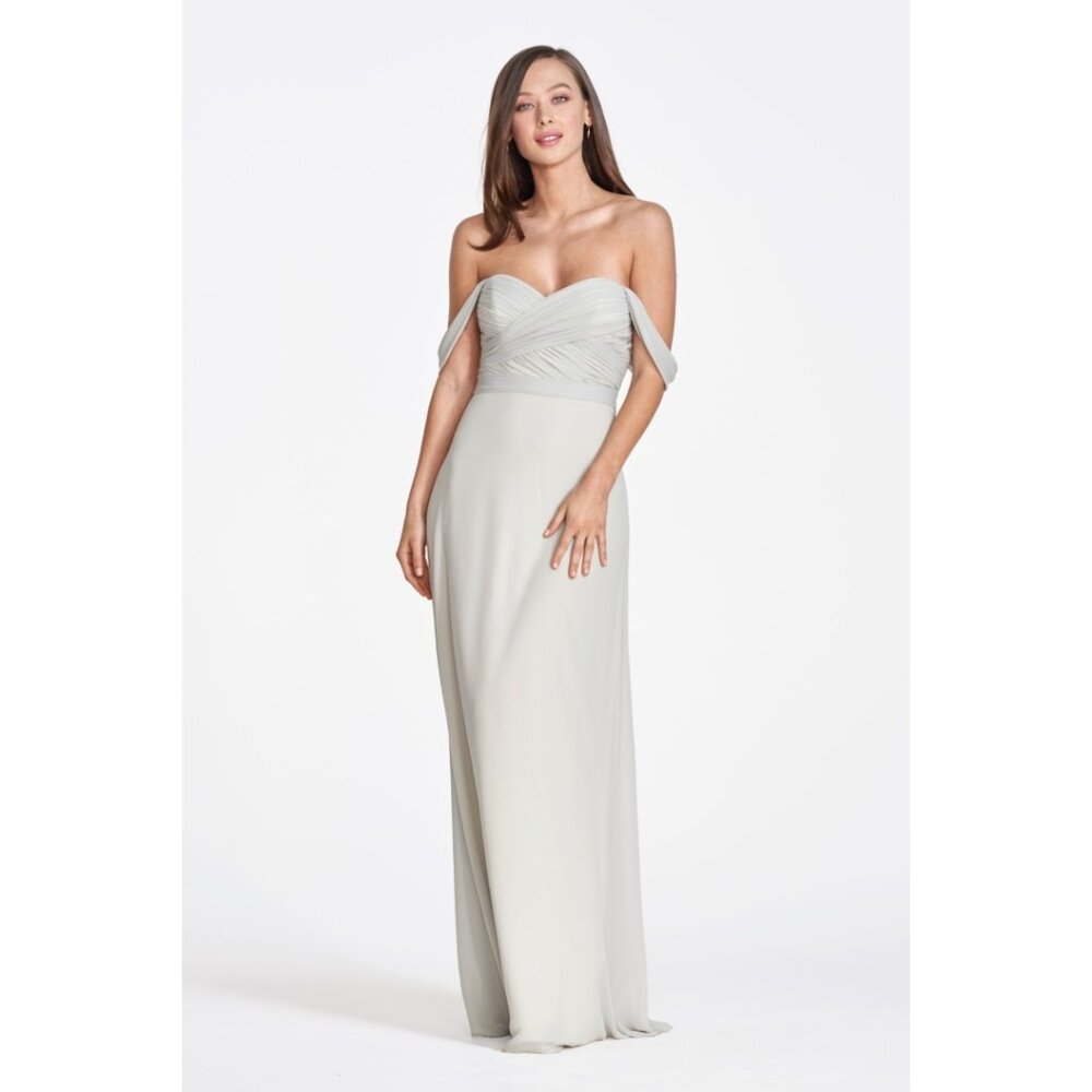 WTOO Long Sage Chiffon Bridesmaid Dress. Off-shoulder. Size 8